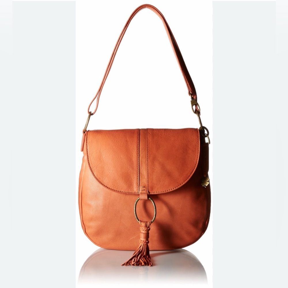 Lucky Brand Boho Rust Leather Crossbody Messenger Bag Purse with Ring Tassel EUC